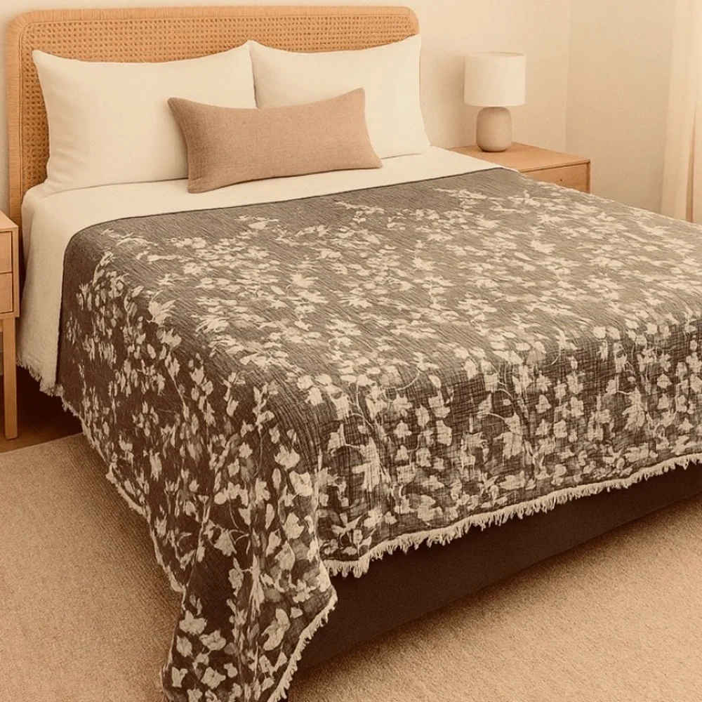 Queen Organic Cotton 2 Side Loom Weave Bedspread Earth Brown Ecru Bedspread NEW